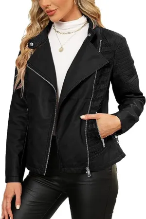 Giolshon Women Faux Leather Casual Jacket, Motorcycle Bike Coat