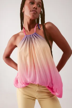 High Neck Pleat Top in Pink Ombre