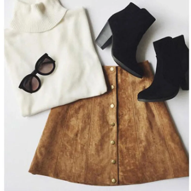 High Waist Button-up Suede Skirt