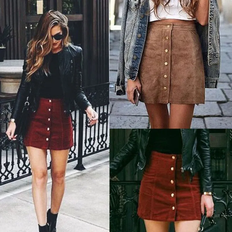 High Waist Button-up Suede Skirt