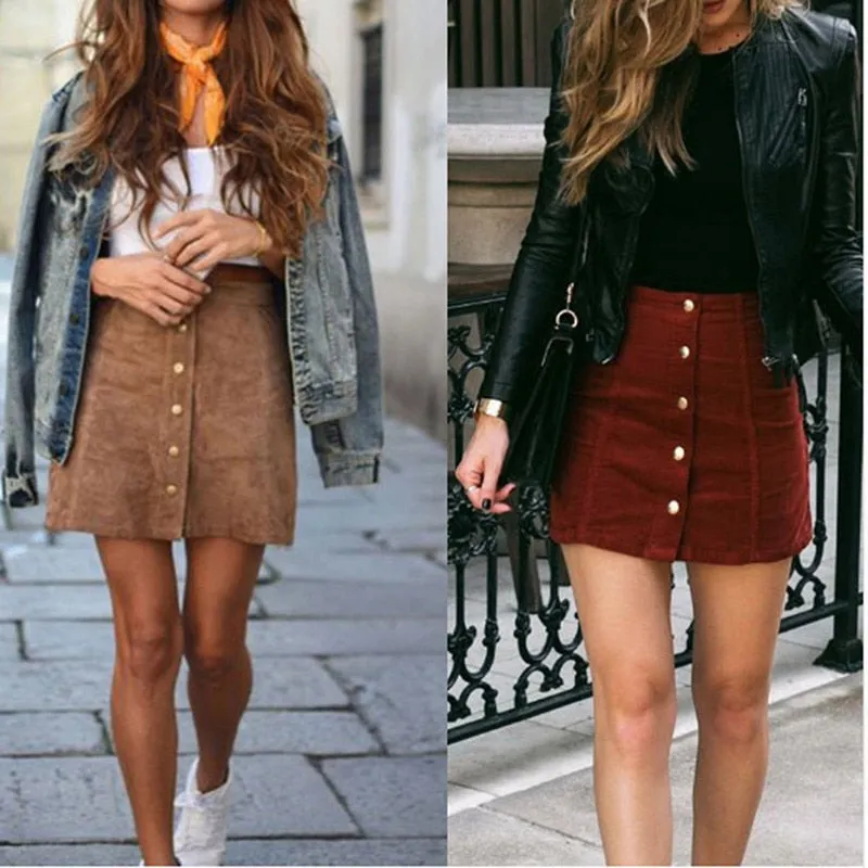 High Waist Button-up Suede Skirt