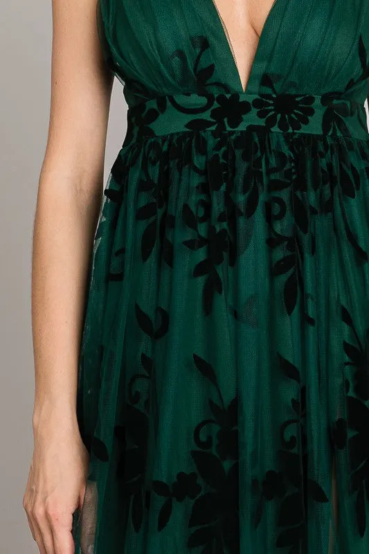 Hunter Green Velvet Print Maxi Dress