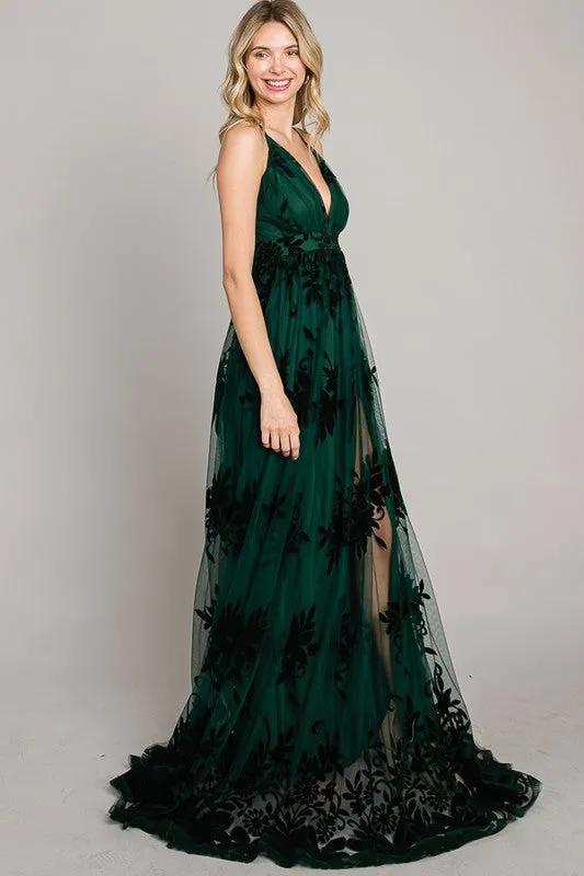 Hunter Green Velvet Print Maxi Dress