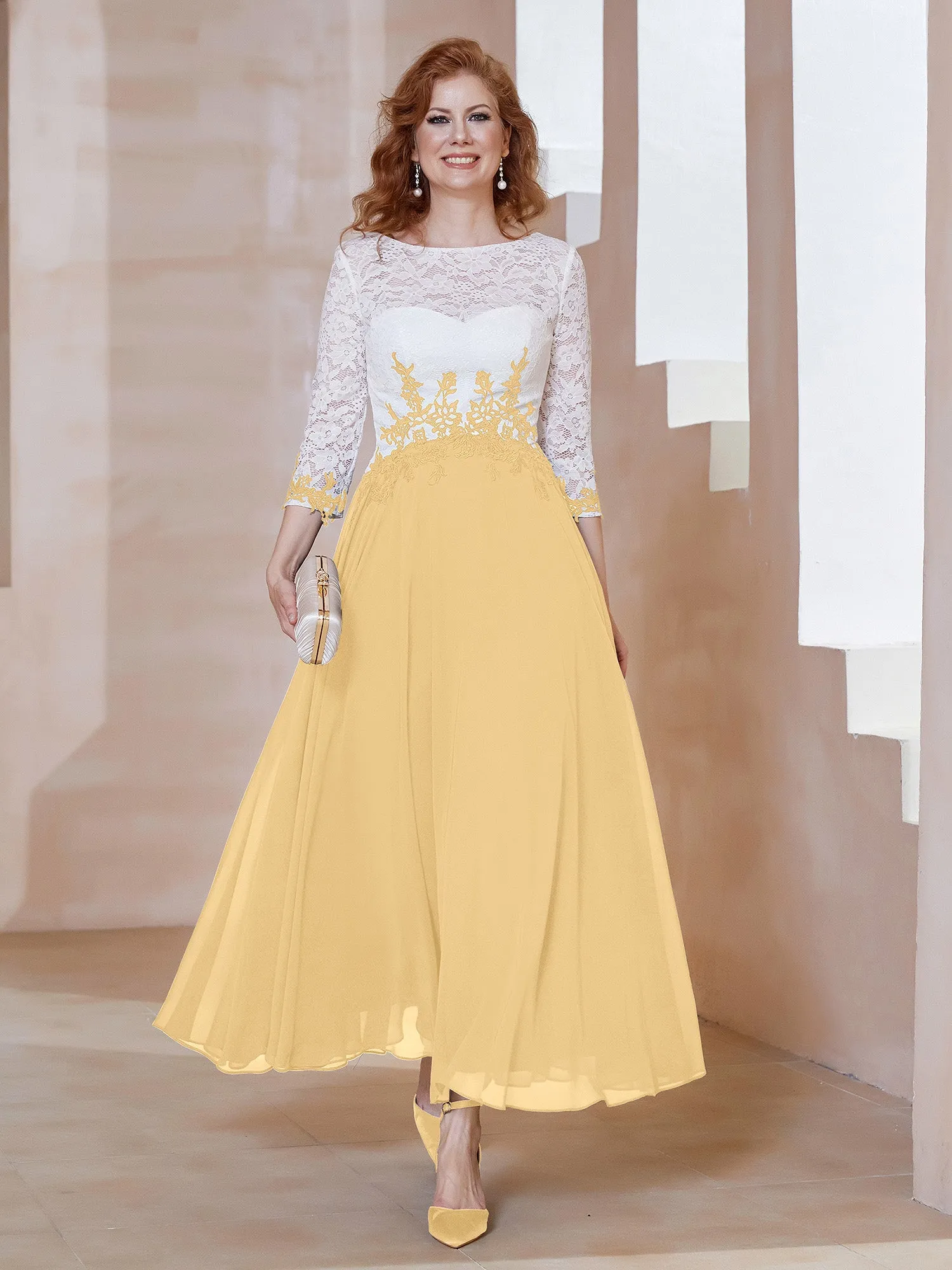 Illusion Neckline Applique Long Sleeves Dress Gold