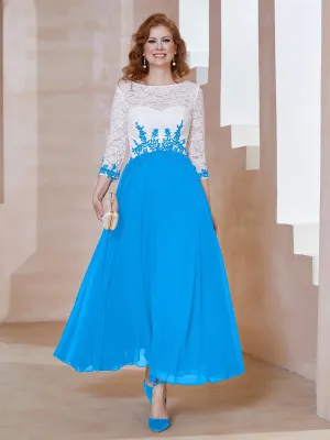 Illusion Neckline Applique Long Sleeves Dress Ocean Blue