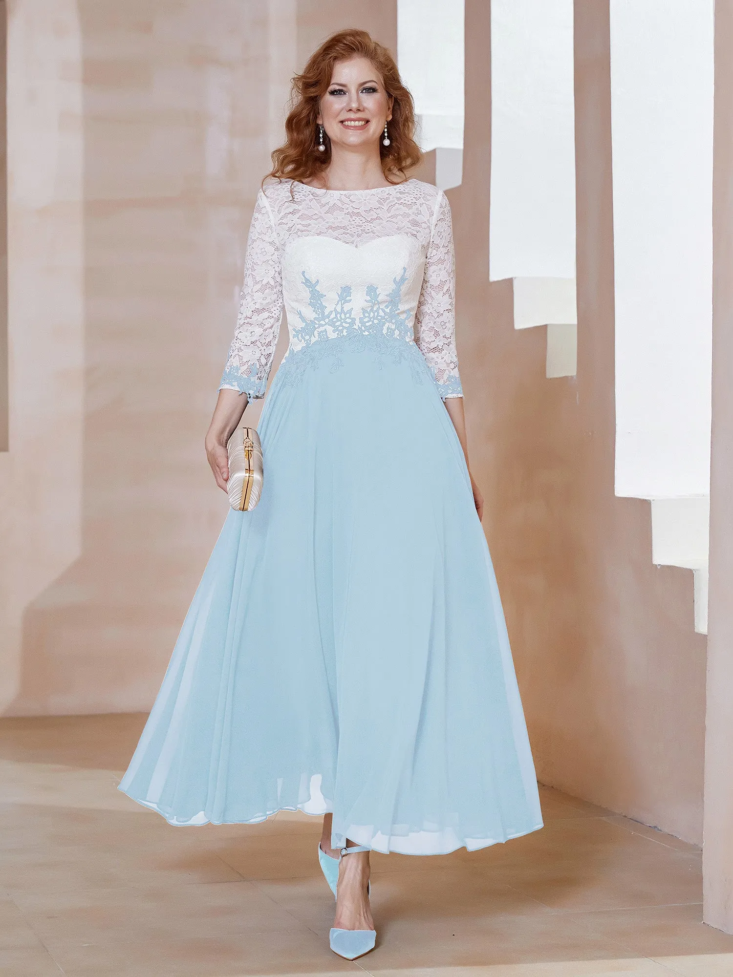 Illusion Neckline Applique Long Sleeves Dress Sky Blue