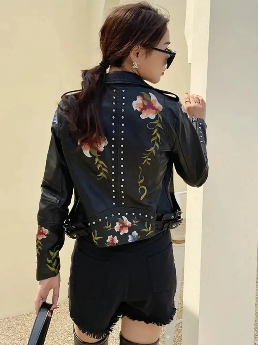 Leather Embroidered Rivet Coat Moto & Biker Streetwear Jackets