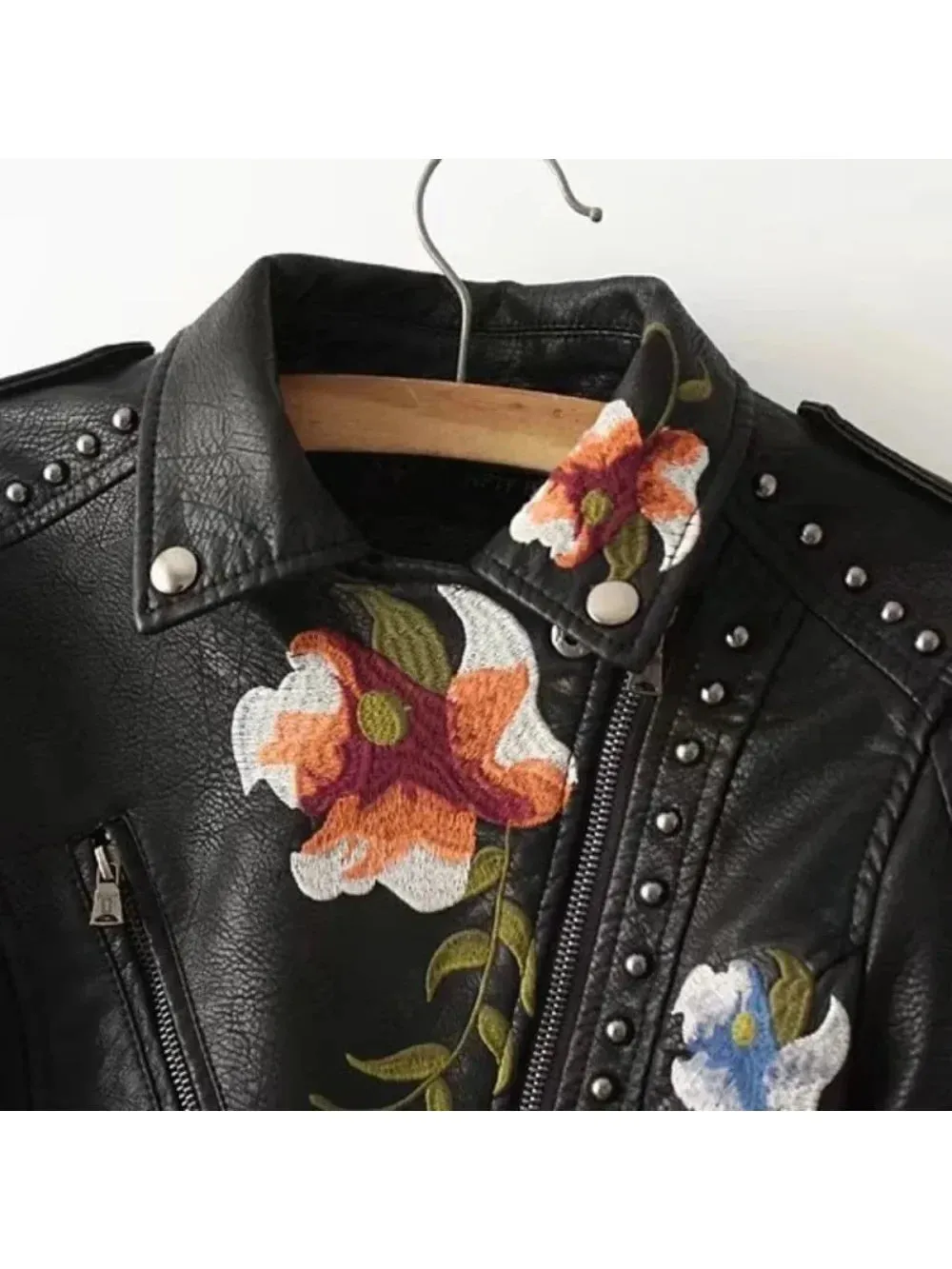 Leather Embroidered Rivet Coat Moto & Biker Streetwear Jackets