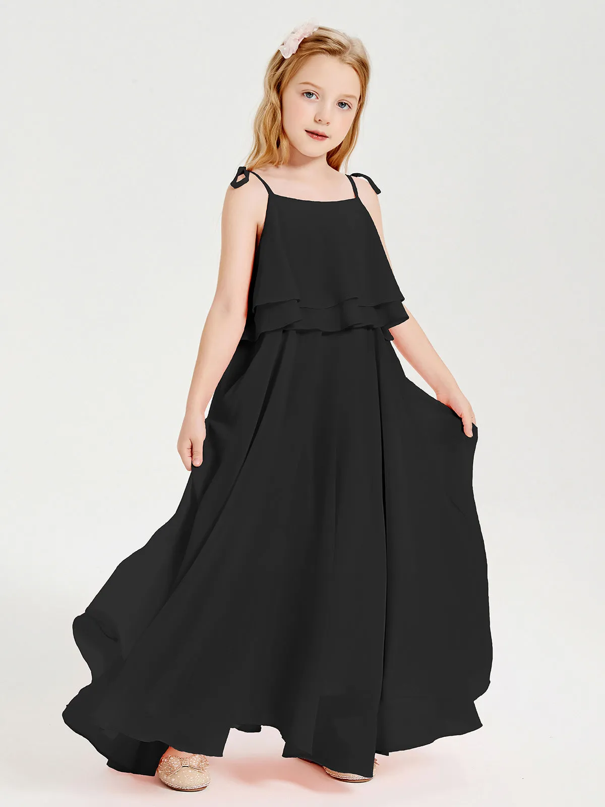 Long Chiffon Junior Bridesmaid Dresses Bowknot Spaghetti Straps Black