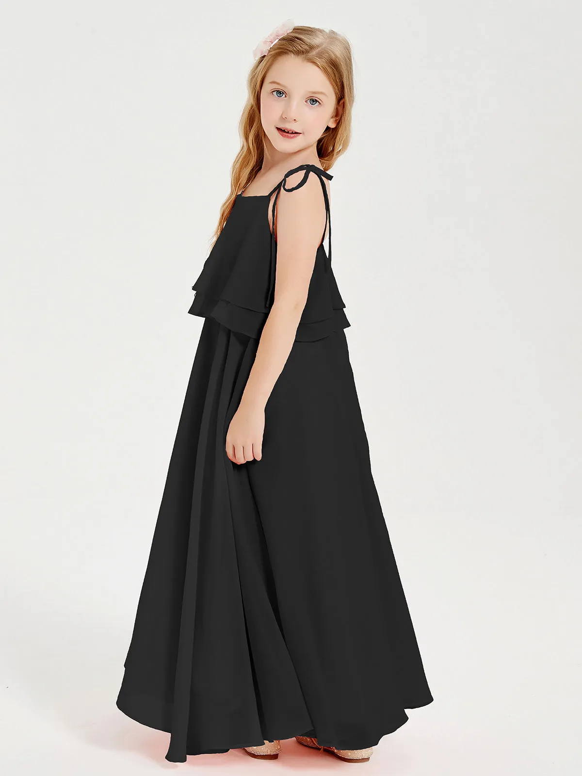 Long Chiffon Junior Bridesmaid Dresses Bowknot Spaghetti Straps Black