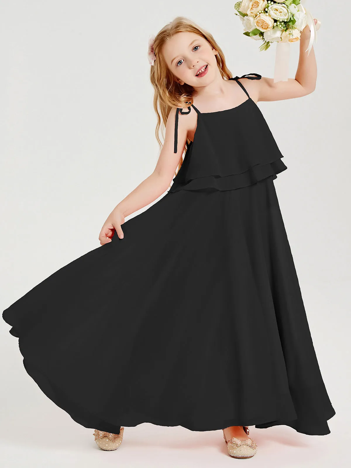 Long Chiffon Junior Bridesmaid Dresses Bowknot Spaghetti Straps Black