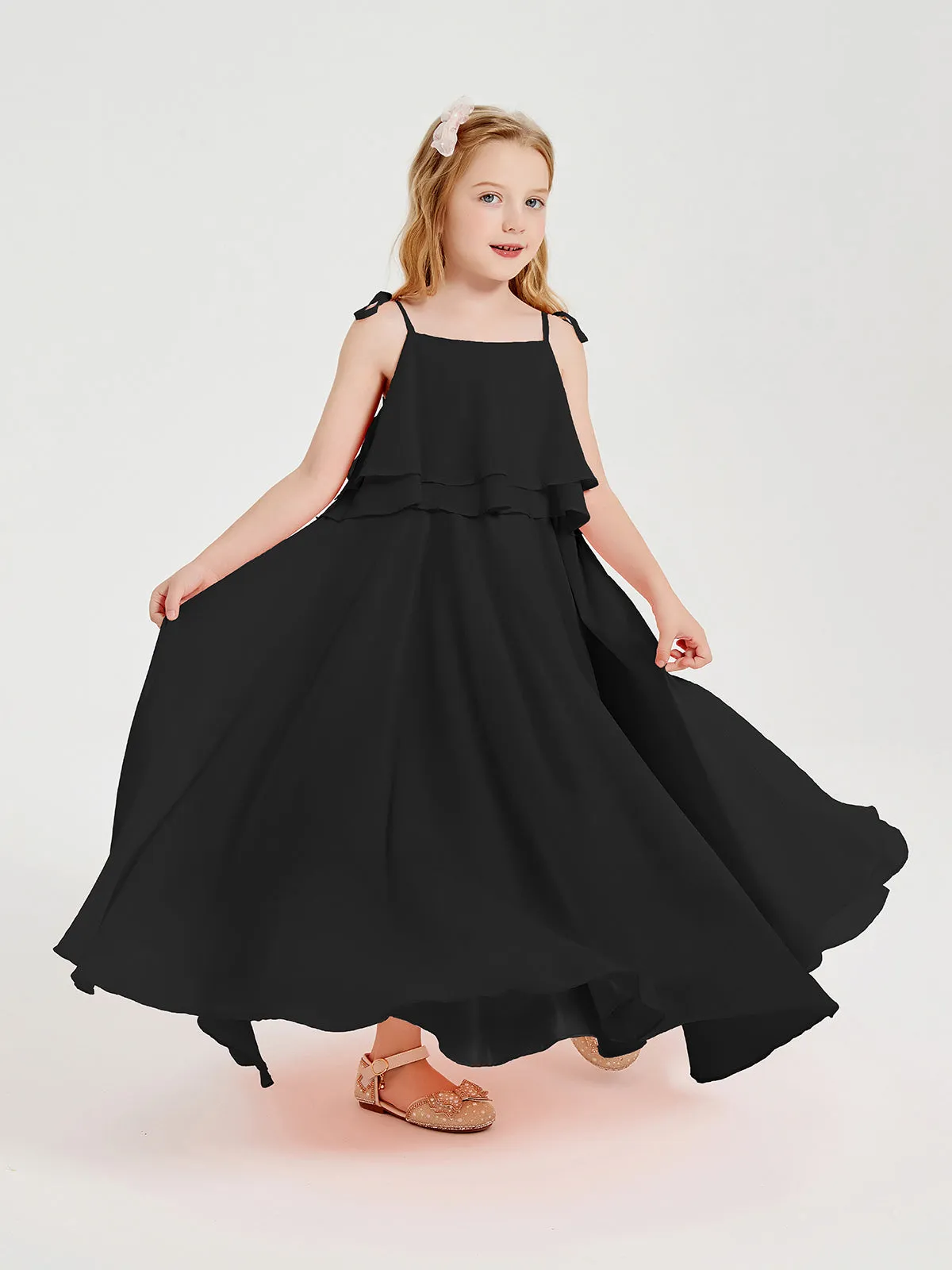 Long Chiffon Junior Bridesmaid Dresses Bowknot Spaghetti Straps Black