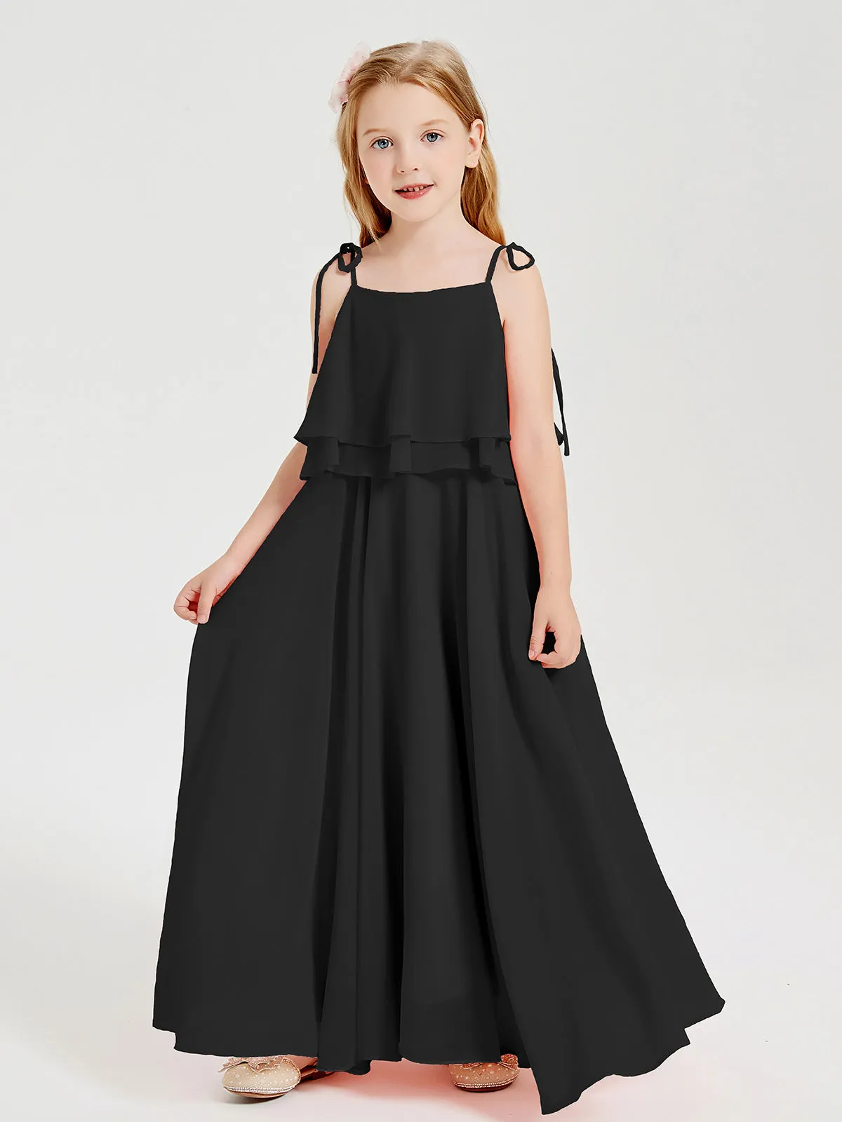 Long Chiffon Junior Bridesmaid Dresses Bowknot Spaghetti Straps Black