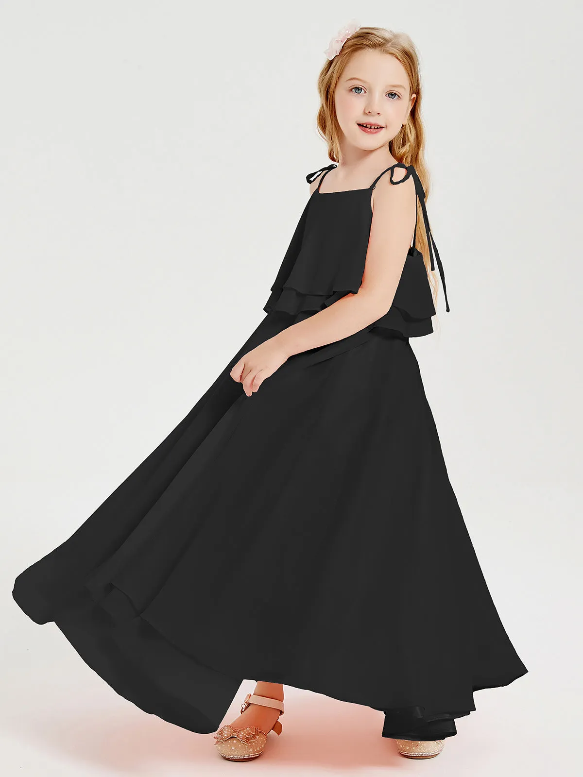 Long Chiffon Junior Bridesmaid Dresses Bowknot Spaghetti Straps Black