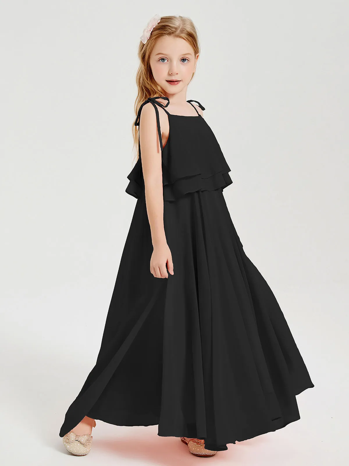 Long Chiffon Junior Bridesmaid Dresses Bowknot Spaghetti Straps Black