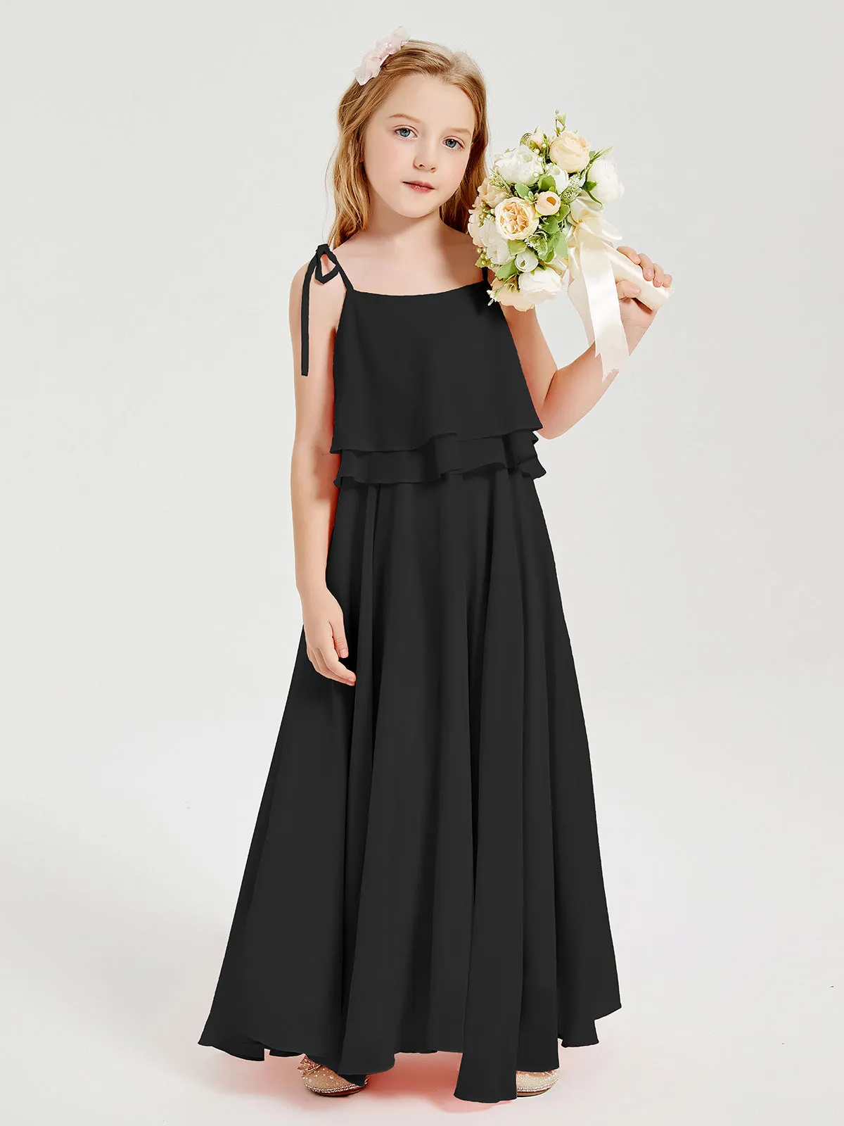 Long Chiffon Junior Bridesmaid Dresses Bowknot Spaghetti Straps Black