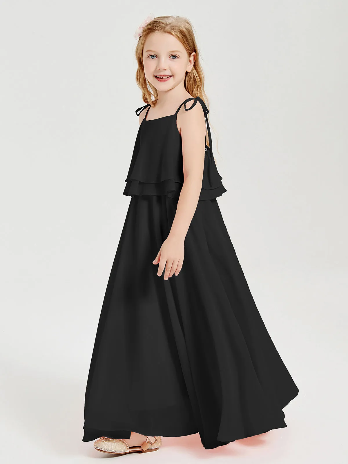 Long Chiffon Junior Bridesmaid Dresses Bowknot Spaghetti Straps Black