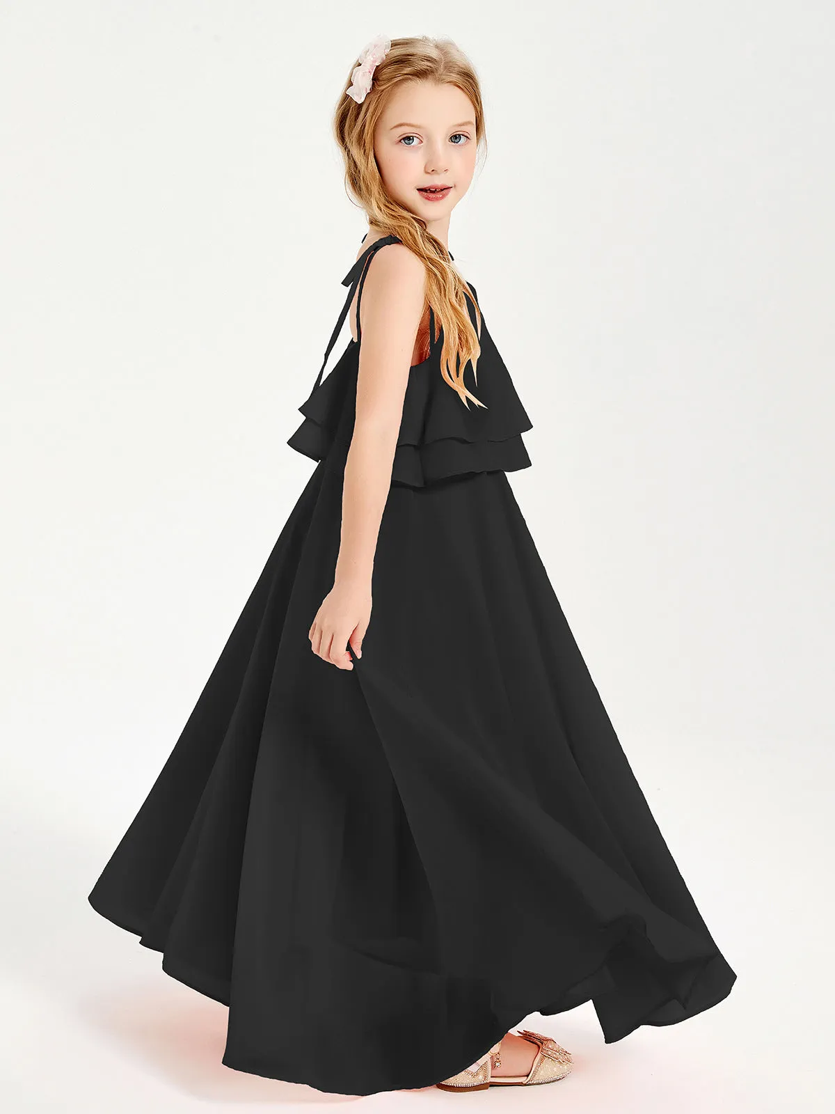 Long Chiffon Junior Bridesmaid Dresses Bowknot Spaghetti Straps Black