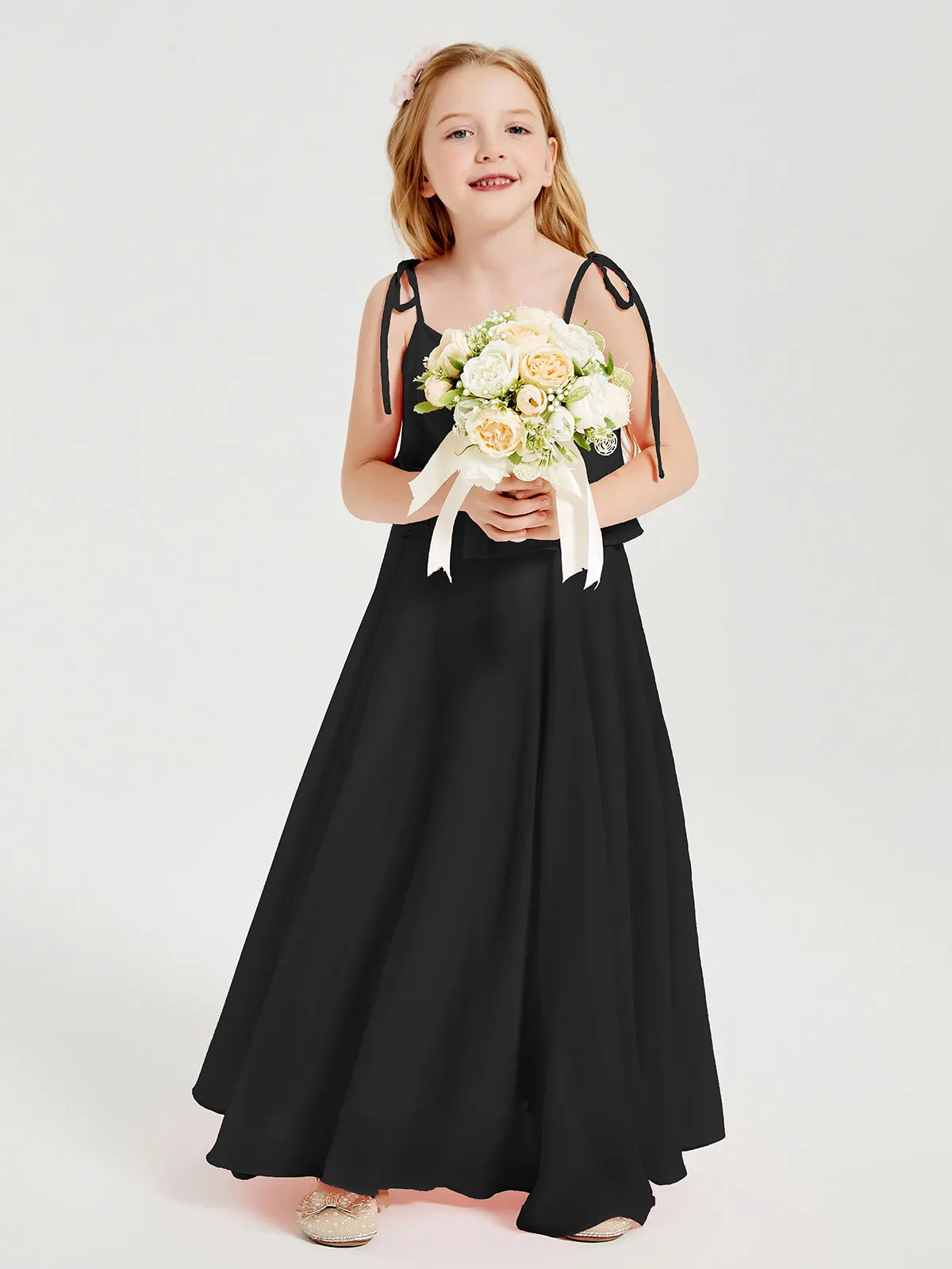 Long Chiffon Junior Bridesmaid Dresses Bowknot Spaghetti Straps Black