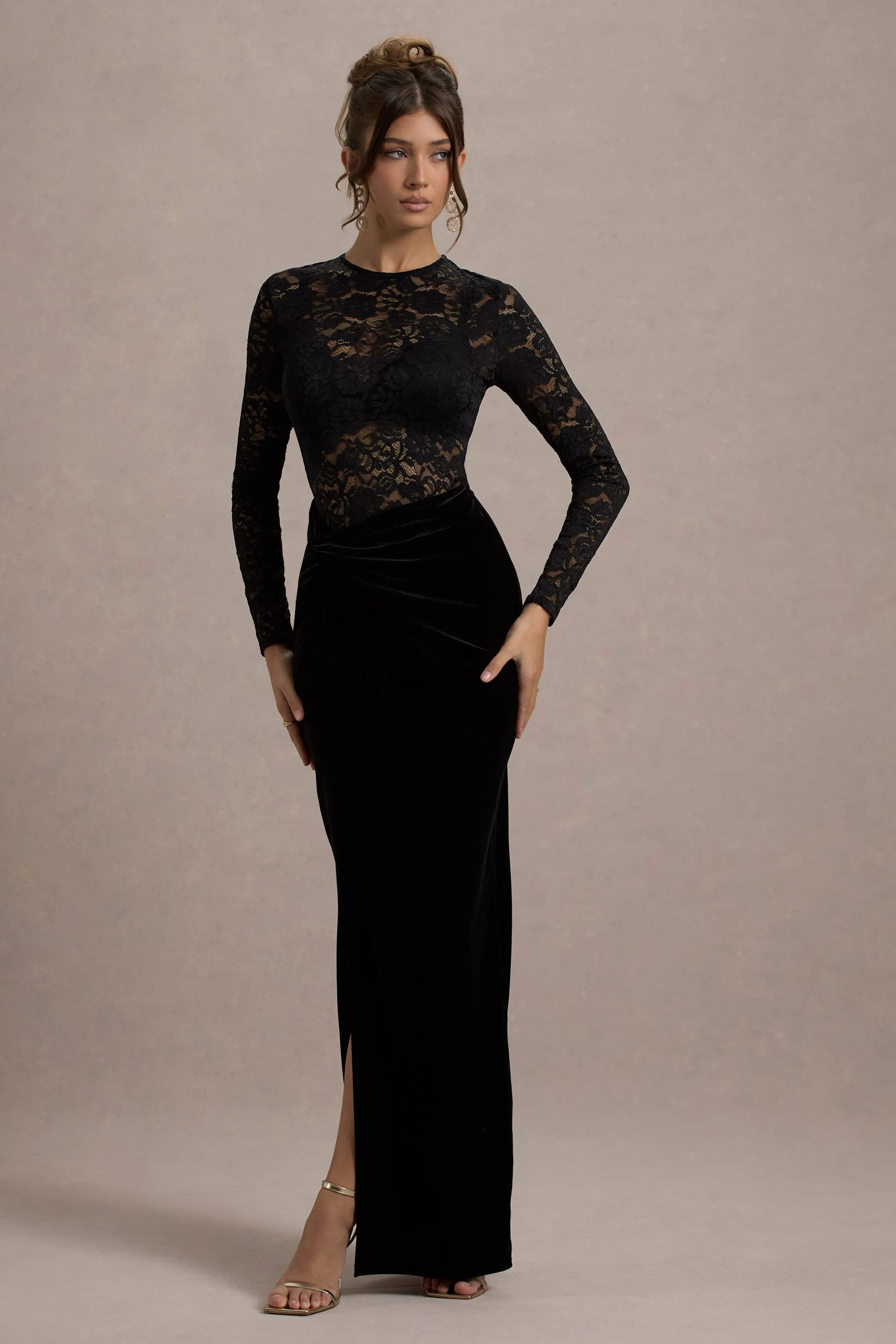 Loving Look | Black Lace Long-Sleeve Twisted Split Maxi Dress