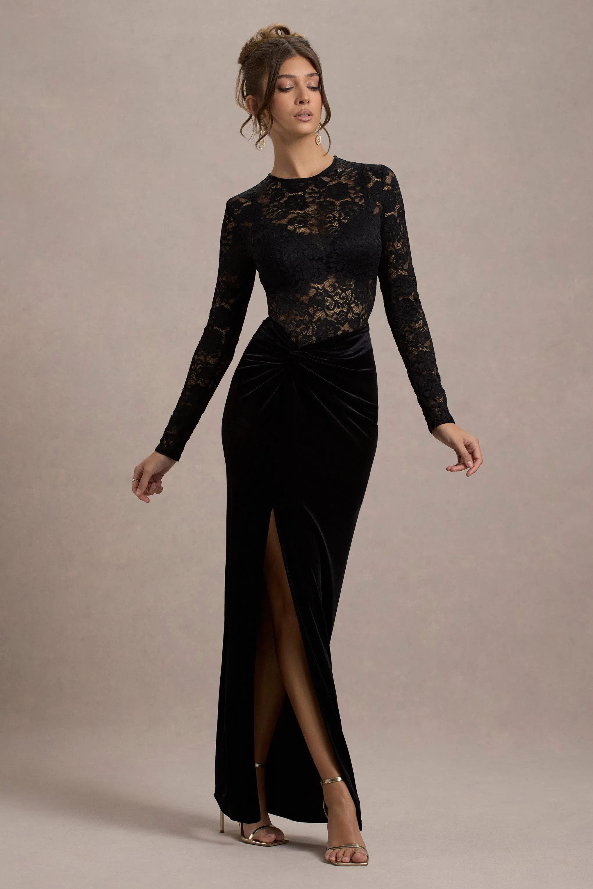 Loving Look | Black Lace Long-Sleeve Twisted Split Maxi Dress