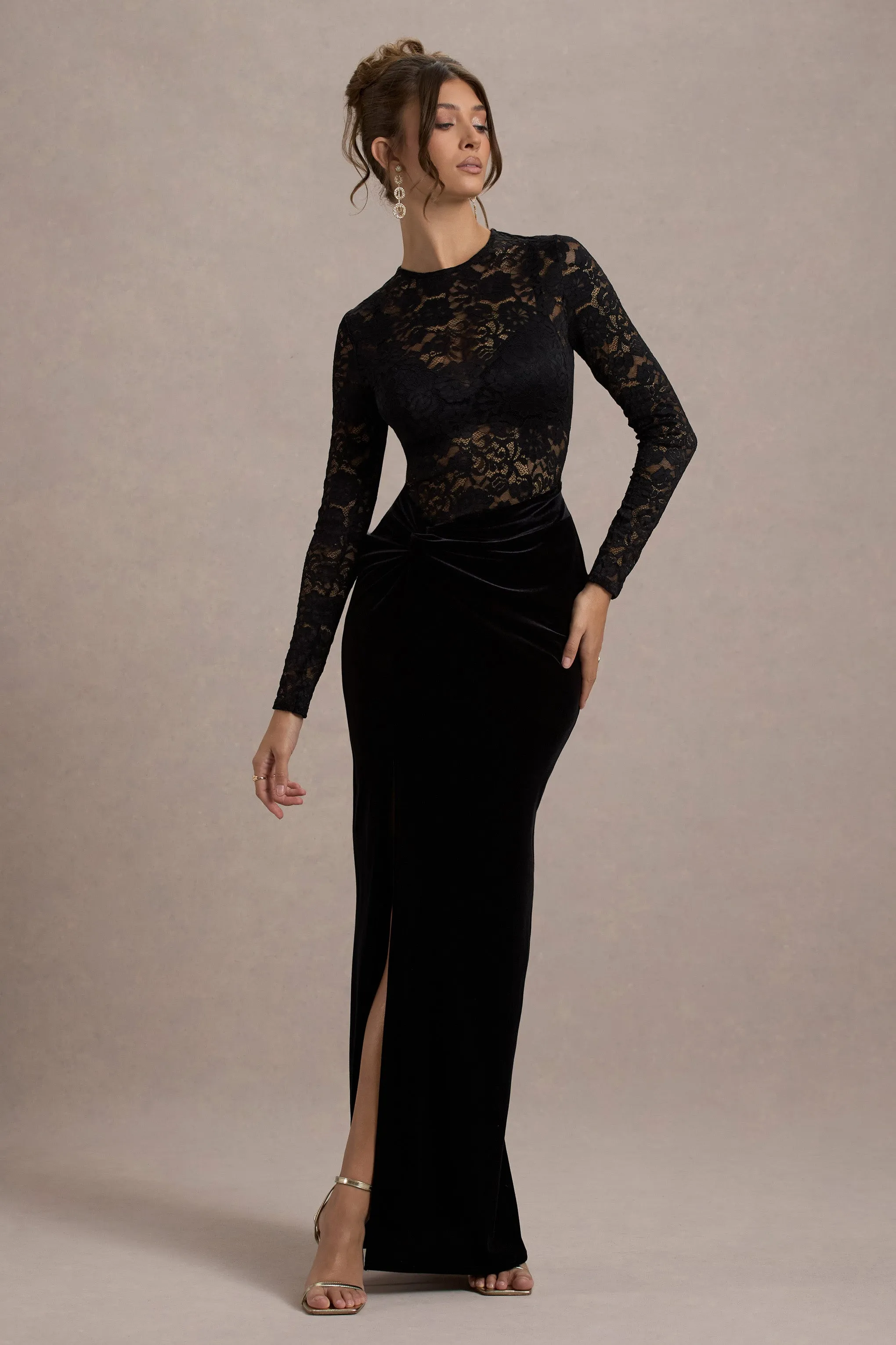 Loving Look | Black Lace Long-Sleeve Twisted Split Maxi Dress