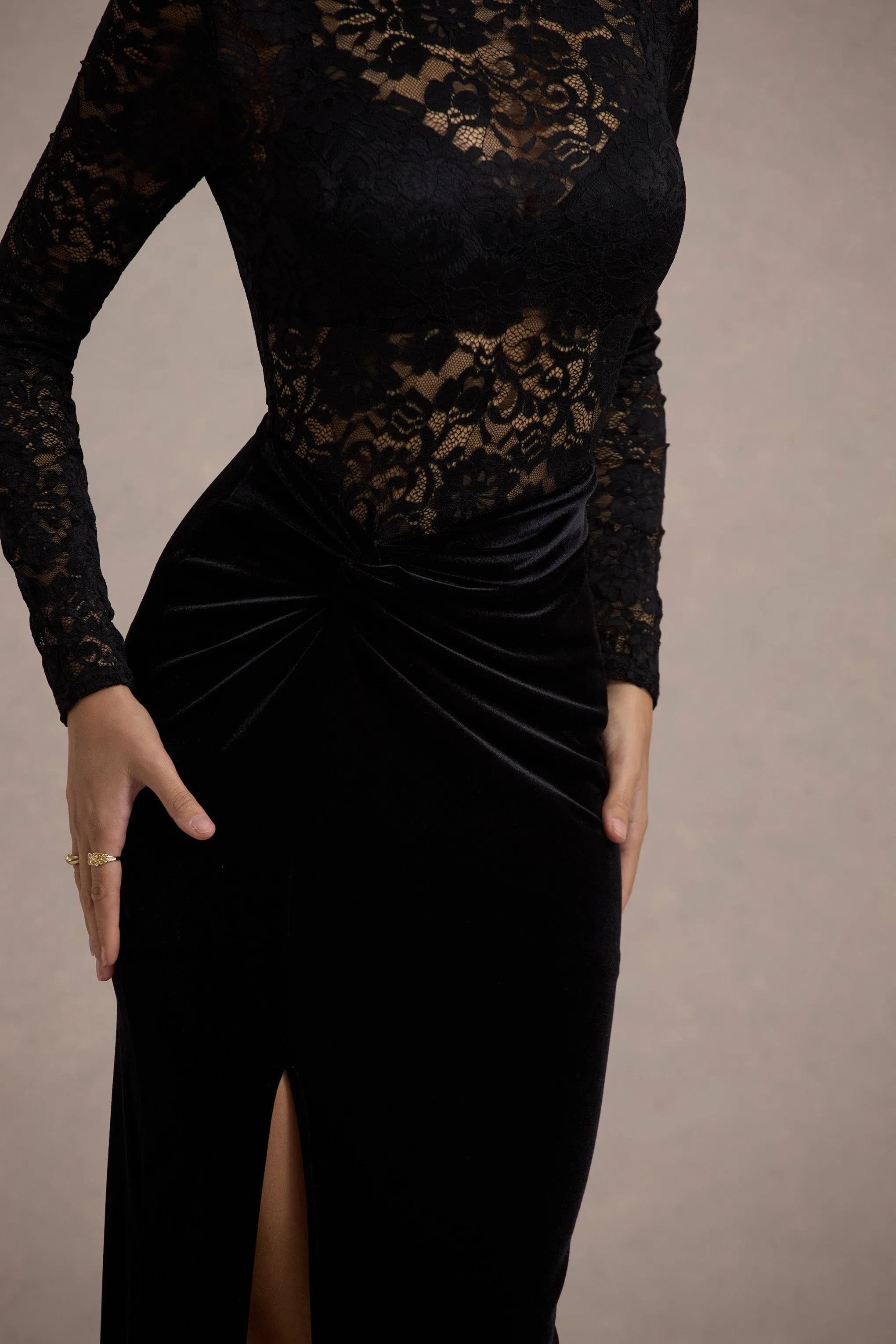 Loving Look | Black Lace Long-Sleeve Twisted Split Maxi Dress