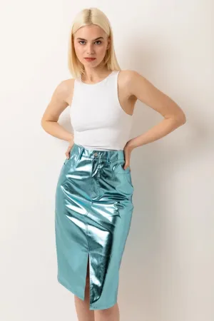 Lupe High Waist Metallic Knee Length Skirt Ice Blue