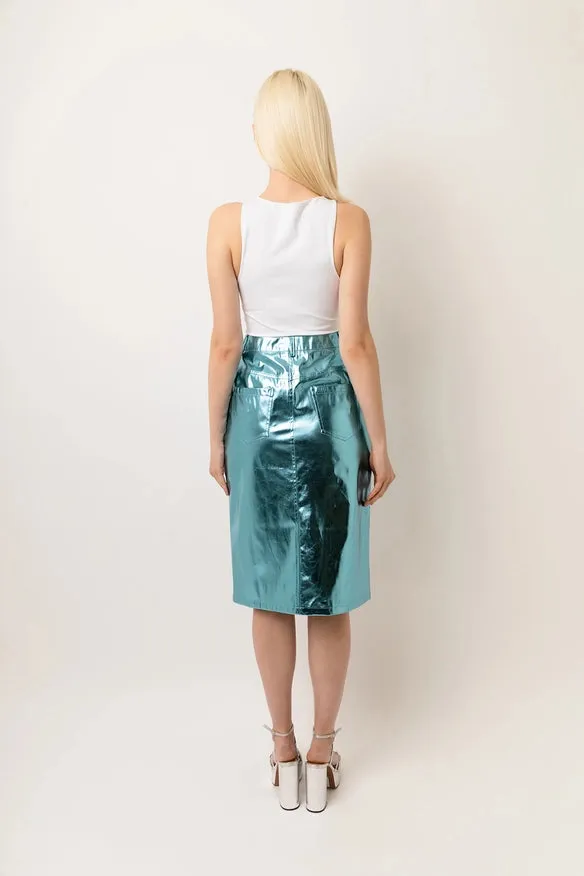 Lupe High Waist Metallic Knee Length Skirt Ice Blue