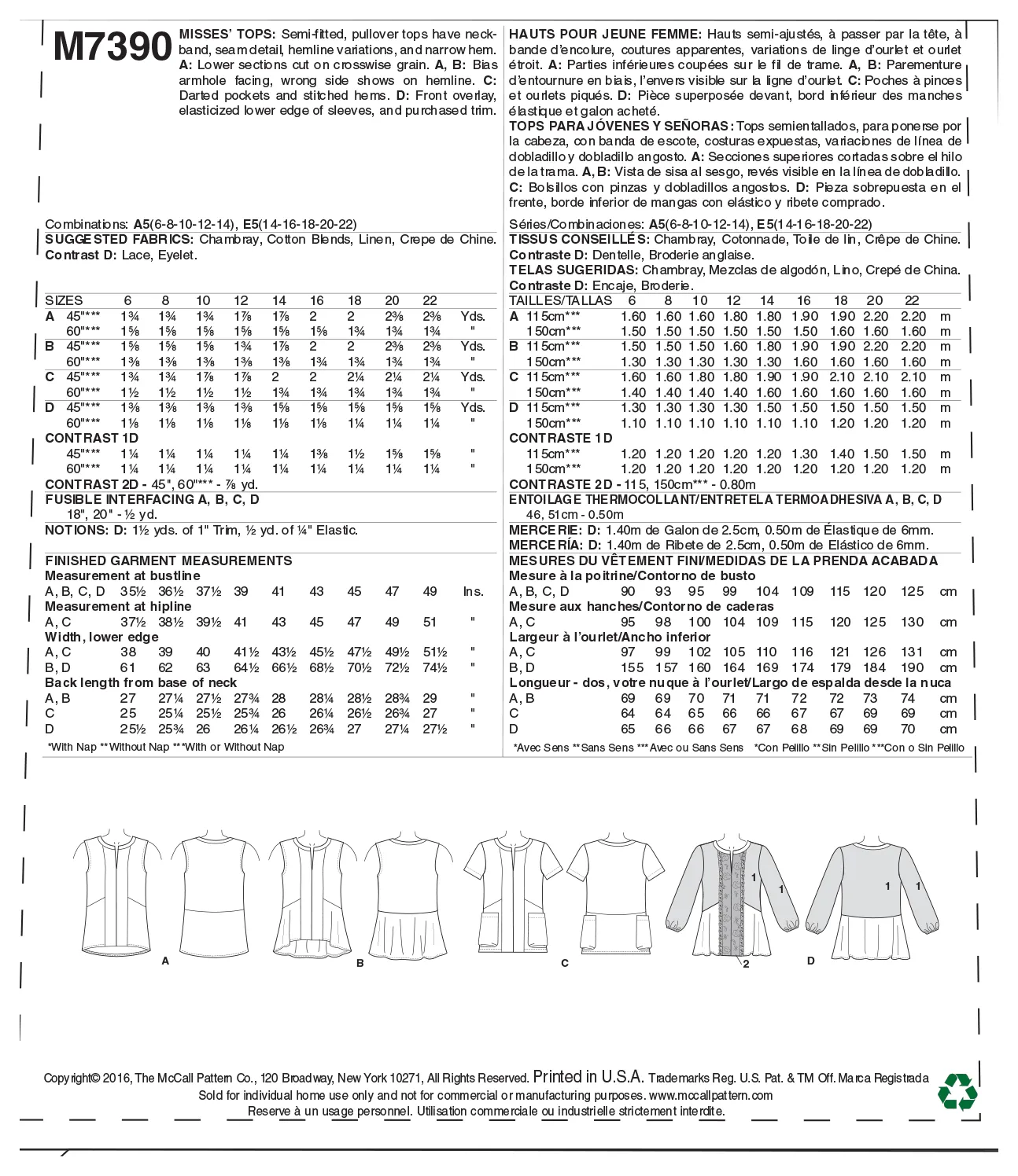 M7390 Misses' Split-Neck, Seam-Detail Tops