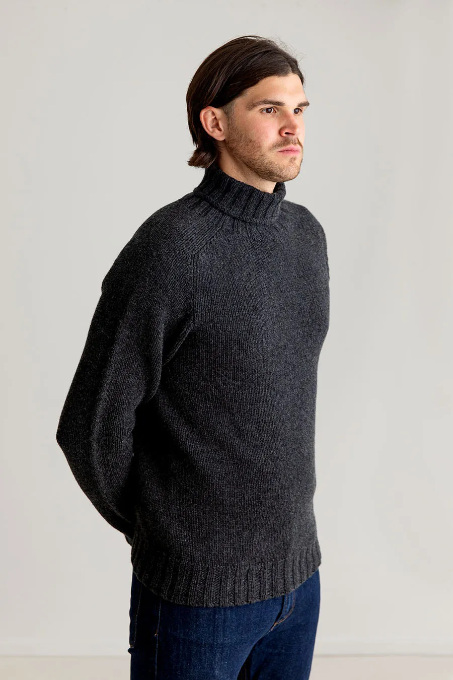 Mens Chunky Geelong Superfine Lambs wool Polo Neck Jumper - Charcoal