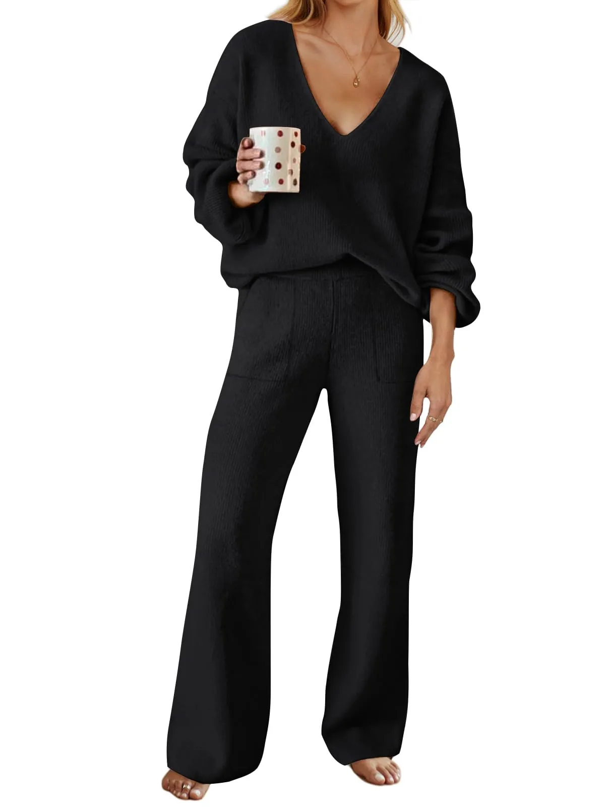 MEROKEETY V Neck Knit Pullover Top and Wide Leg Pant Lounge Set