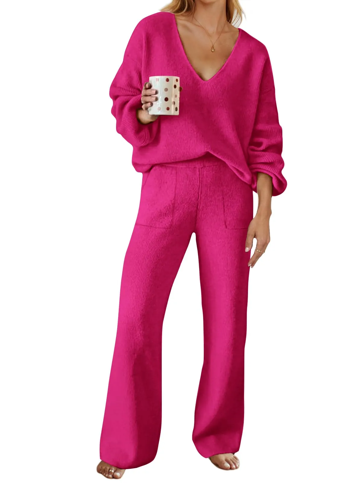 MEROKEETY V Neck Knit Pullover Top and Wide Leg Pant Lounge Set