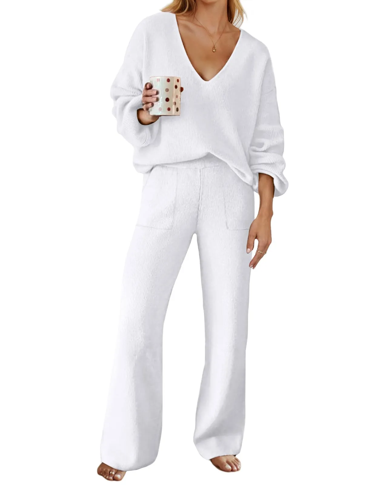 MEROKEETY V Neck Knit Pullover Top and Wide Leg Pant Lounge Set