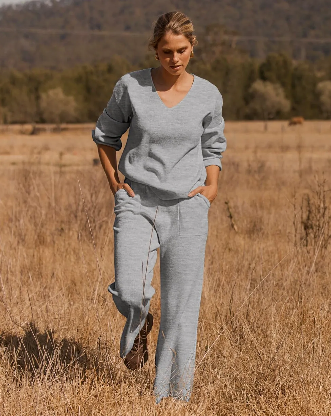 MEROKEETY V Neck Knit Pullover Top and Wide Leg Pant Lounge Set