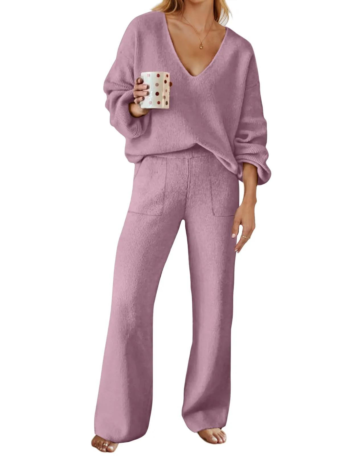 MEROKEETY V Neck Knit Pullover Top and Wide Leg Pant Lounge Set