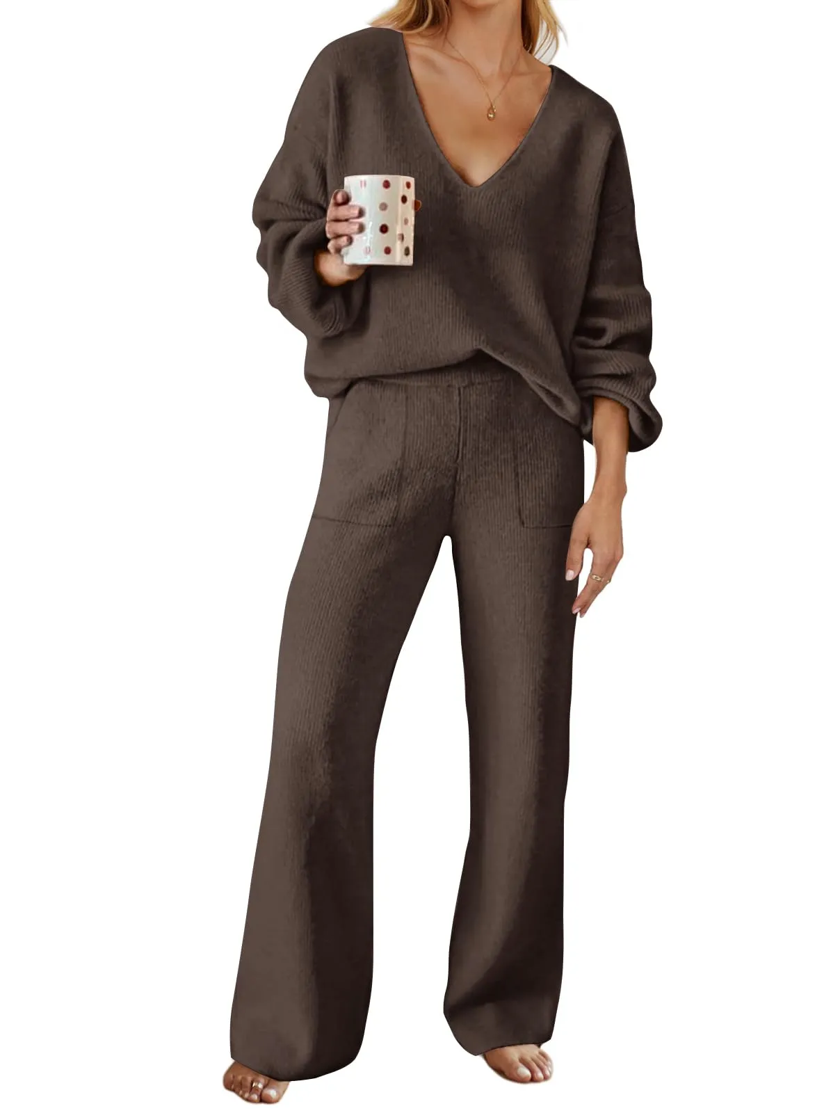 MEROKEETY V Neck Knit Pullover Top and Wide Leg Pant Lounge Set