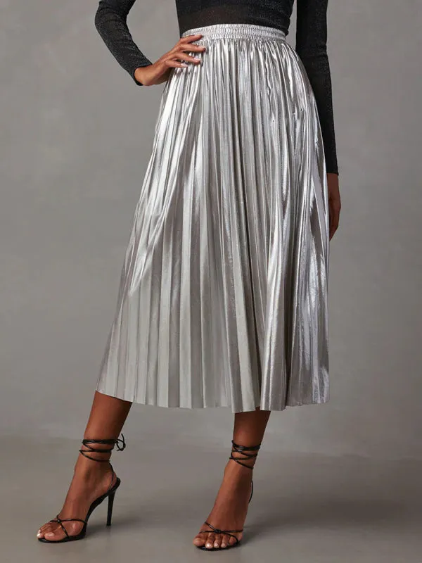 Metallic Faux Leather Pleated Midi Skirt