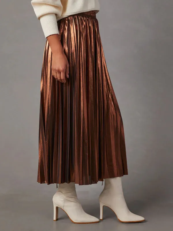 Metallic Faux Leather Pleated Midi Skirt