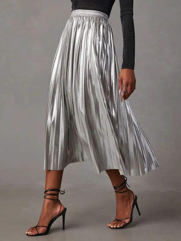 Metallic Faux Leather Pleated Midi Skirt