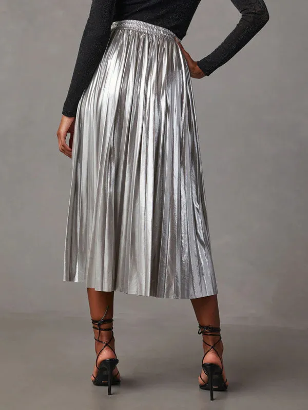 Metallic Faux Leather Pleated Midi Skirt