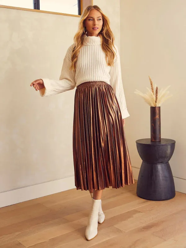 Metallic Faux Leather Pleated Midi Skirt