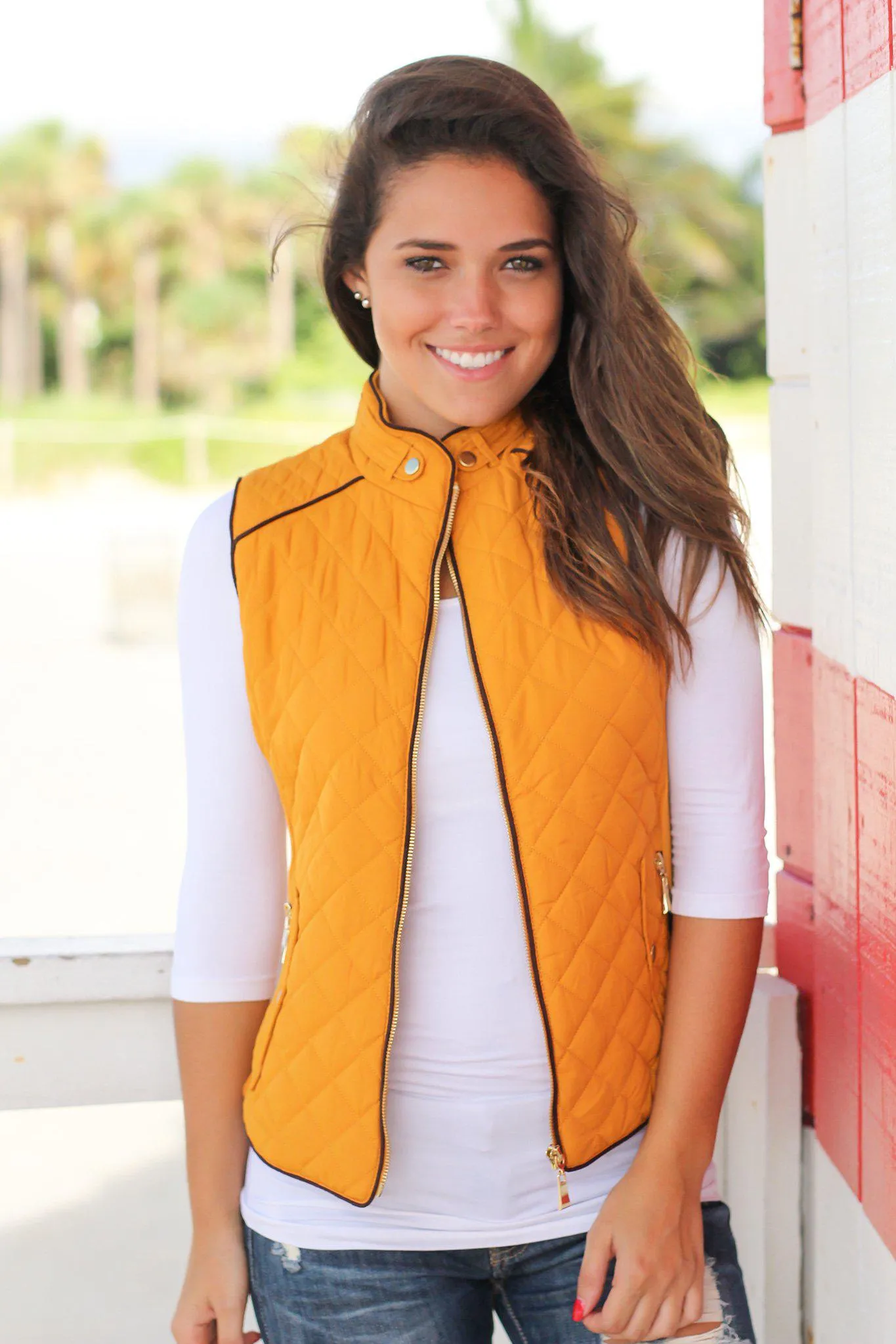 Mustard Quilted Vest With Pockets