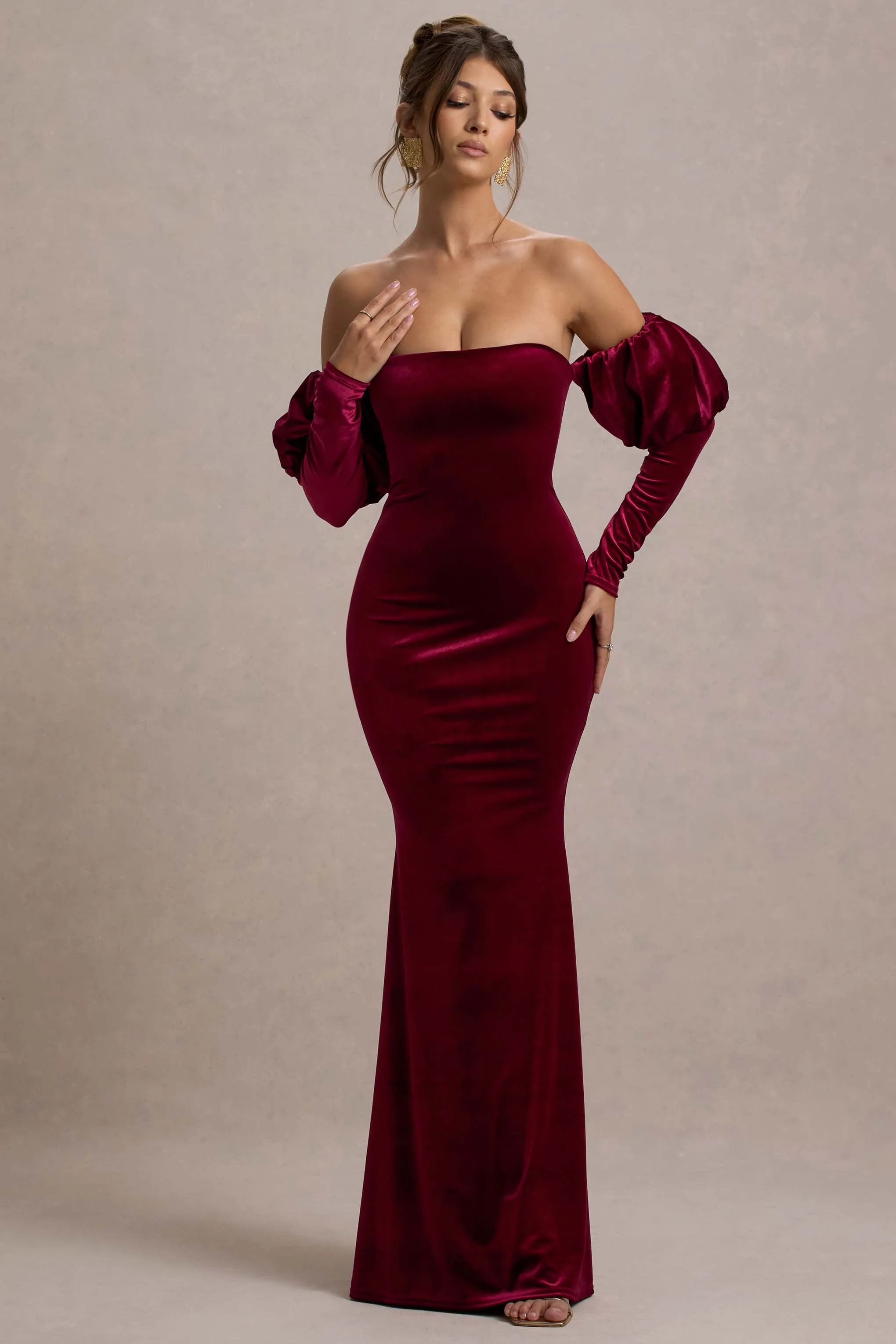 Neoma | Berry Velvet Bardot Puff-Sleeve Maxi Dress