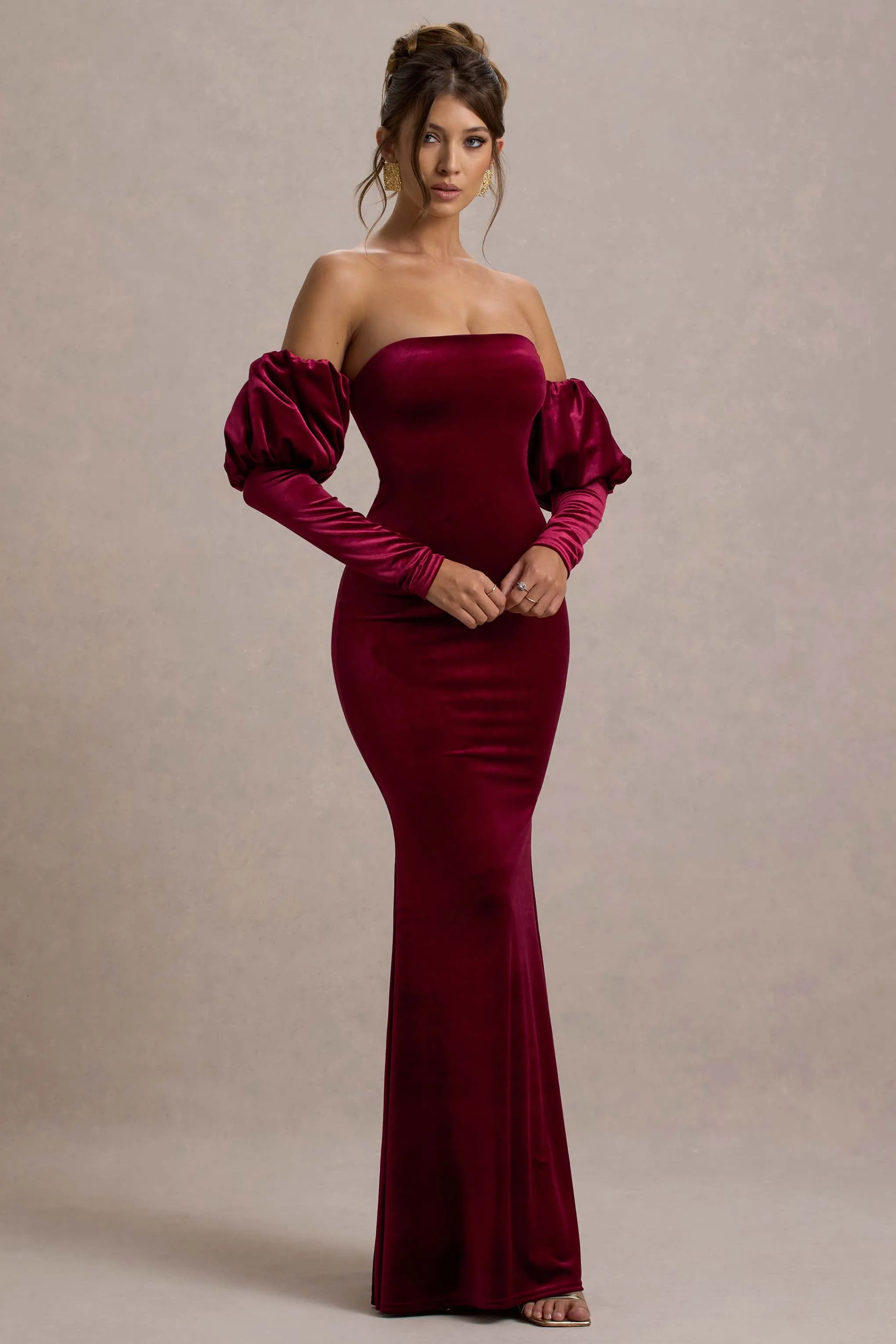 Neoma | Berry Velvet Bardot Puff-Sleeve Maxi Dress