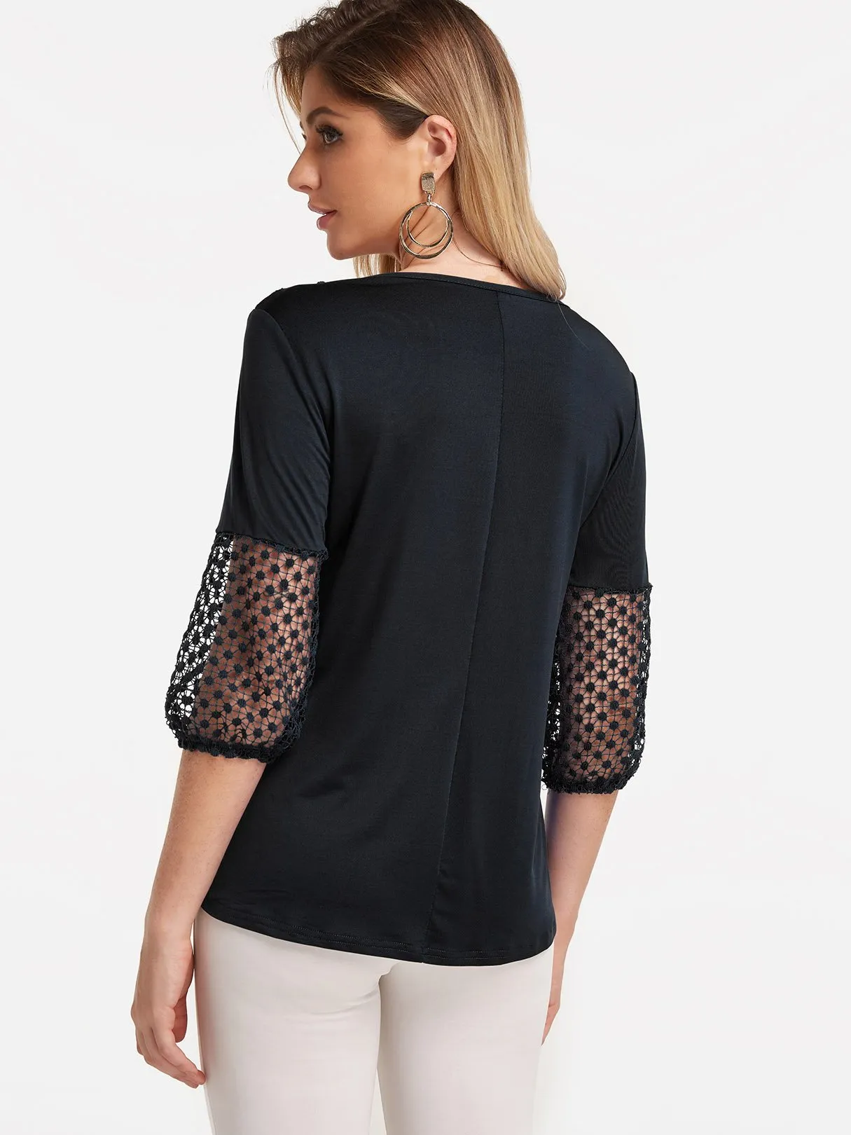 OEM ODM Round Neck Lace Hollow 3/4 Sleeve Black Blouses