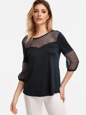 OEM ODM Round Neck Lace Hollow 3/4 Sleeve Black Blouses