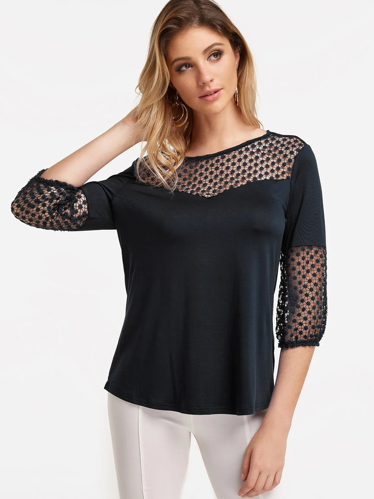 OEM ODM Round Neck Lace Hollow 3/4 Sleeve Black Blouses