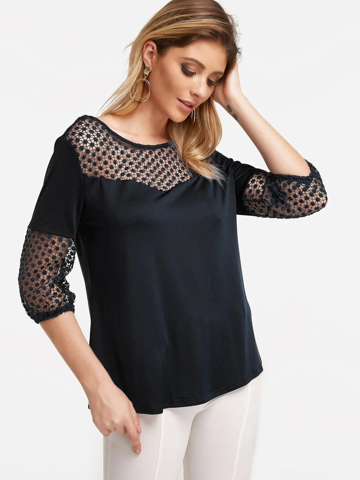 OEM ODM Round Neck Lace Hollow 3/4 Sleeve Black Blouses