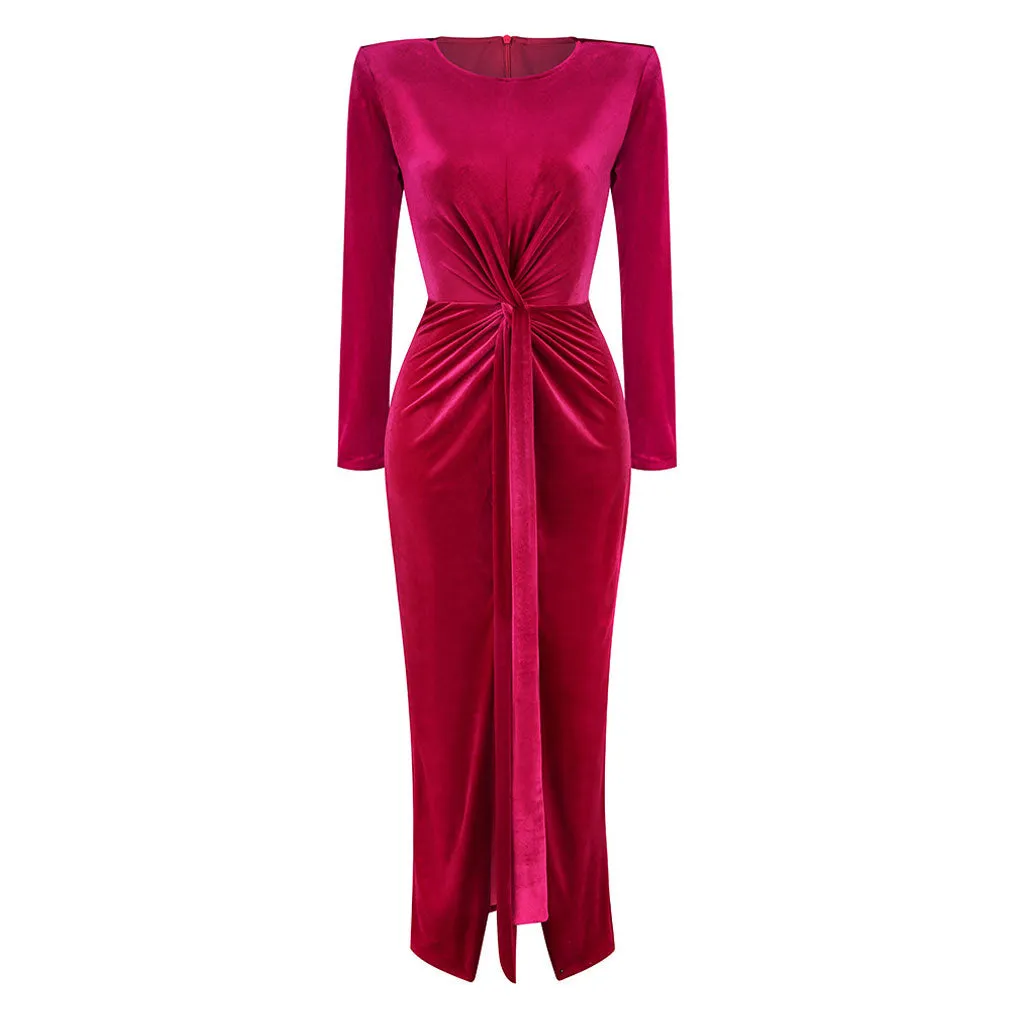 Opulent Crew Neck Shoulder Pad Long Sleeve Split Front Draped Velvet Maxi Evening Dress